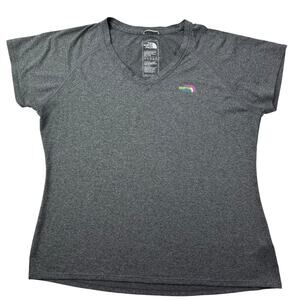 The North Face Women's XL XLARGE Flash Dry Short Sleeve V-Neck Gray W/Front Logo